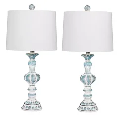 Antique Blue Candlestick Table Lamps, Set of 2