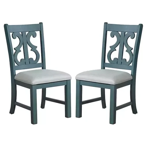Antique Blue Upholstered Dining Chairs, Set of 2