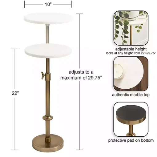 Antique Brass and White Marble Adjustable Table