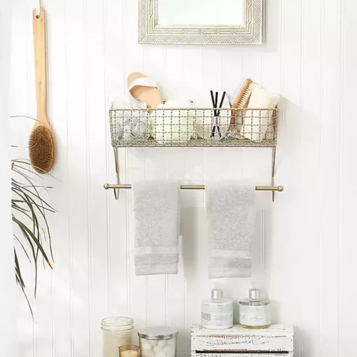 Antique Gold Wire Basket Towel Rack, 17 in.