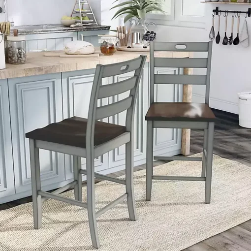 Antique Light Gray Wood Counter Stools, Set of 2
