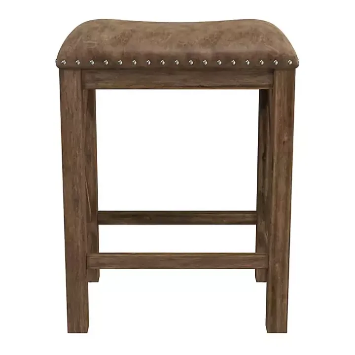 Antique Walnut Faux Leather Stools, Set of 2