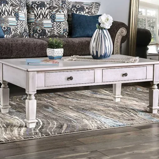 Antique White Wood 4-Drawer Heather Coffee Table