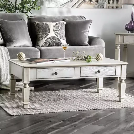 Antique White Wood 4-Drawer Heather Coffee Table