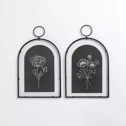 Arched Black Floral Framed Prints, Set of 2