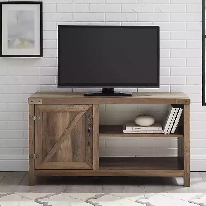 Barn Door Rustic Oak TV Stand with Open Shelves