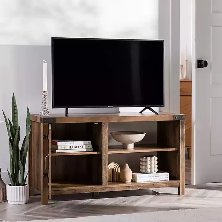 Barn Door Rustic Oak TV Stand with Open Shelves