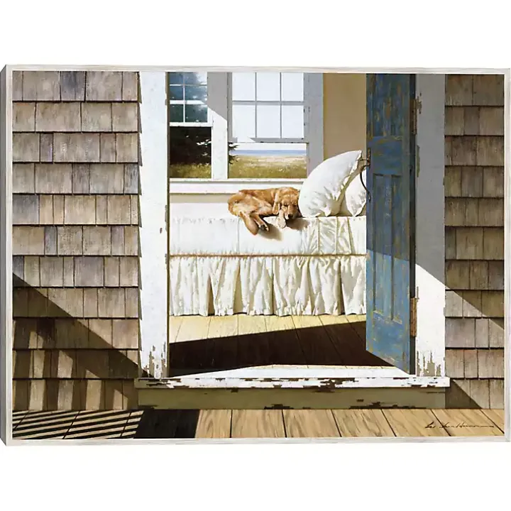 Beach House Dog Framed Canvas Art Print