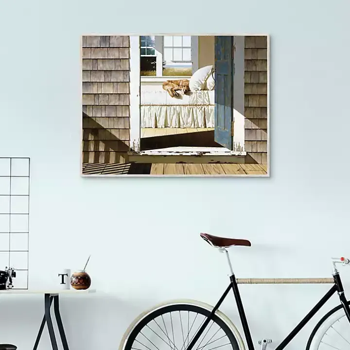 Beach House Dog Framed Canvas Art Print