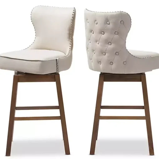 Beige Button Tufted Swivel Bar Stools, Set of 2