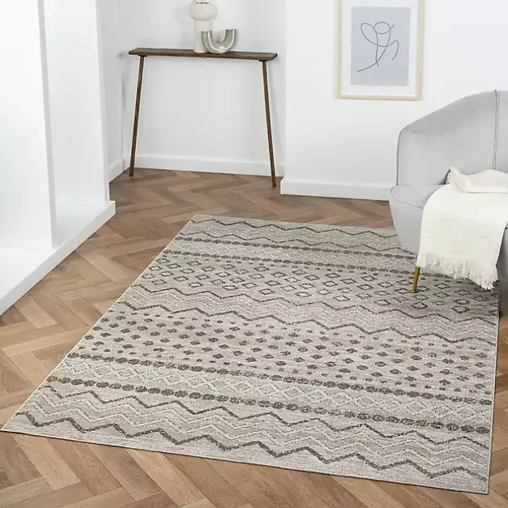 Beige Geometric Stripe Washable Area Rug, 5x7