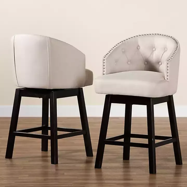 Beige Tufted Seat Swivel Counter Stools, Set of 2