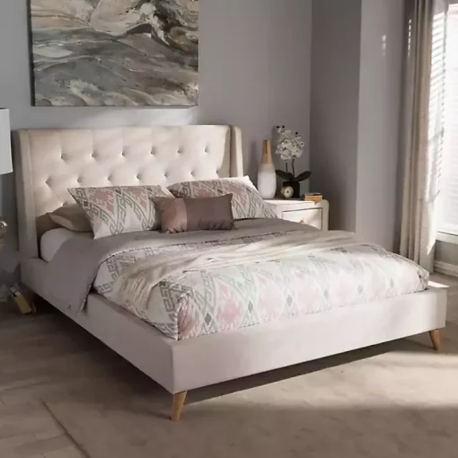 Beige Upholstered Wingback Queen Platform Bed