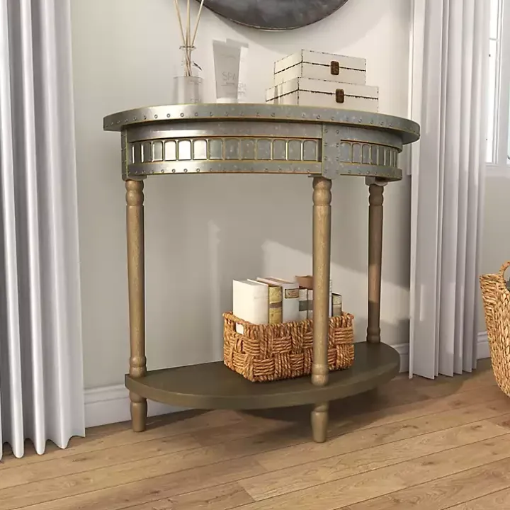 Beige Wood and Metal Half Moon Console Table