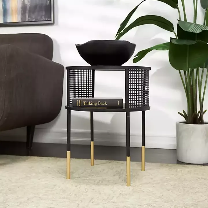 Black & Gold Metal Mesh Round Accent Table