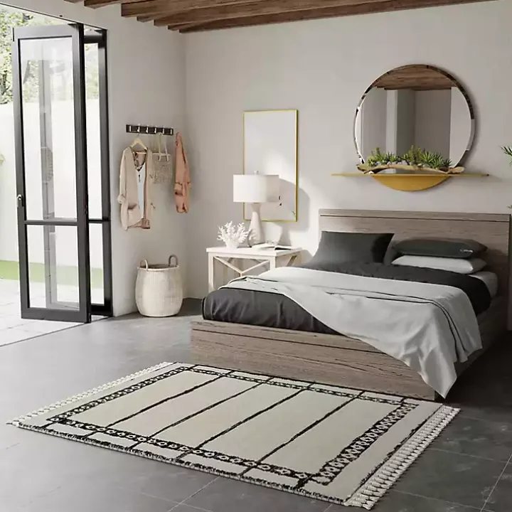 Black & White Striped Block Border Area Rug, 8x10