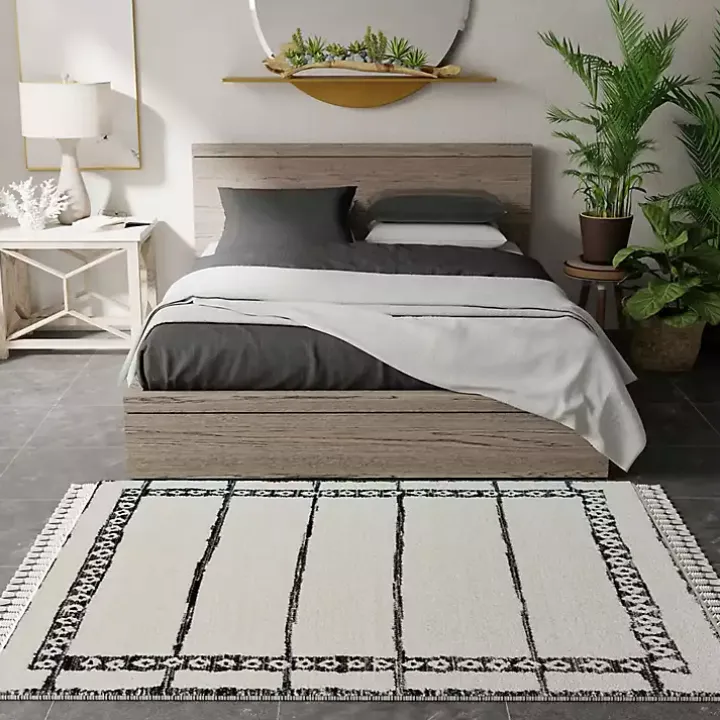 Black & White Striped Block Border Area Rug, 8x10