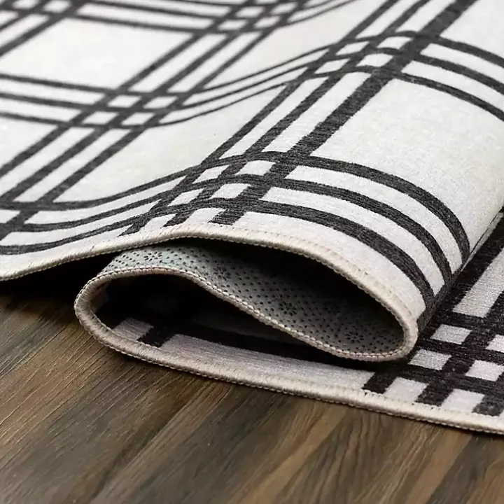 Black and Cream Plaid Washable Area Rug, 5x7