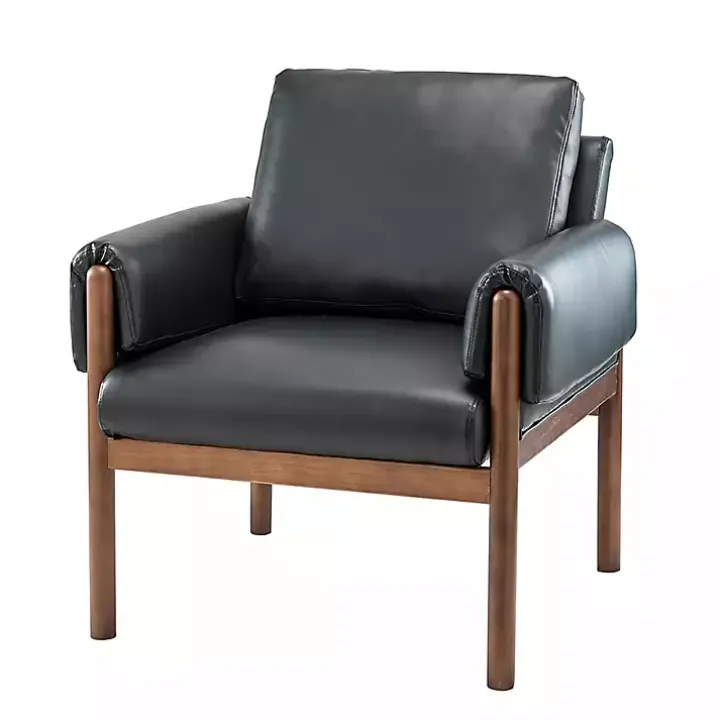 Black Faux Leather and Wood Accent Chair