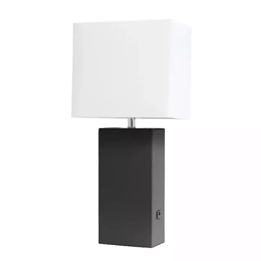 Black Faux Leather Charging Table Lamp