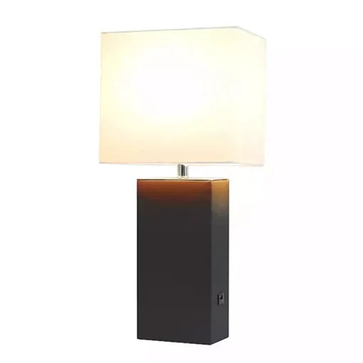 Black Faux Leather Charging Table Lamp