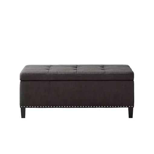 Black Linen Button Tufted Storage Bench