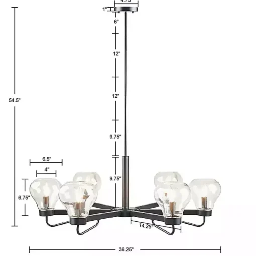 Black Metal & Bowl Glass Shade 6-Light Chandelier