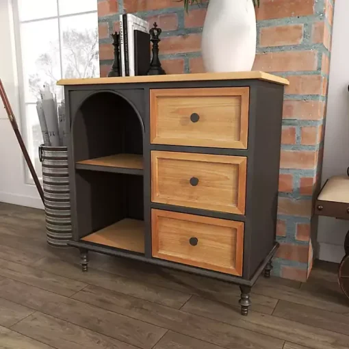 Black Metal and Brown Wood Storage Cabinet