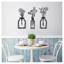 Black Metal Floral Vase Wall Plaques, Set of 3