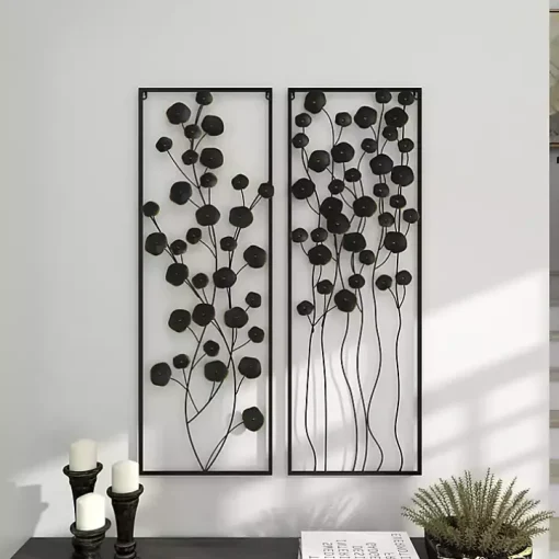 Black Metal Floral Wall Plaques, Set of 2