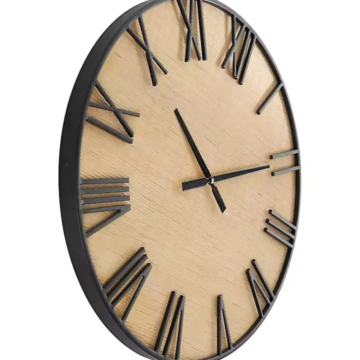 Black Metal Natural Wood Wall Clock