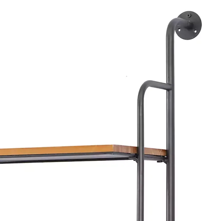 Black Metal Pipe Frame Brown Wood Wall Shelf
