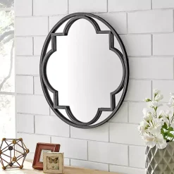 Black Metal Quatrefoil Round Frame Wall Mirror