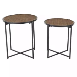 Black Metal Rattan Accent Tables, Set of 2