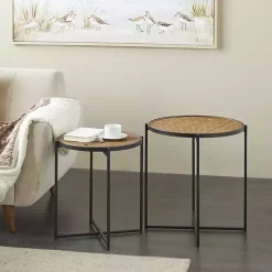 Black Metal Rattan Accent Tables, Set of 2