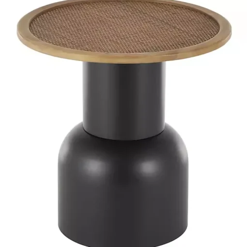 Black Metal Rattan Pedestal Accent Table, 19 in.