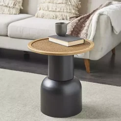 Black Metal Rattan Pedestal Accent Table, 19 in.