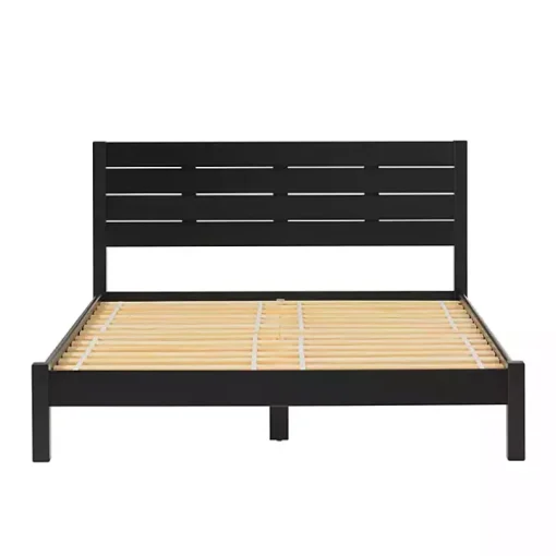 Black Pine Wood Slatted Headboard Queen Bed
