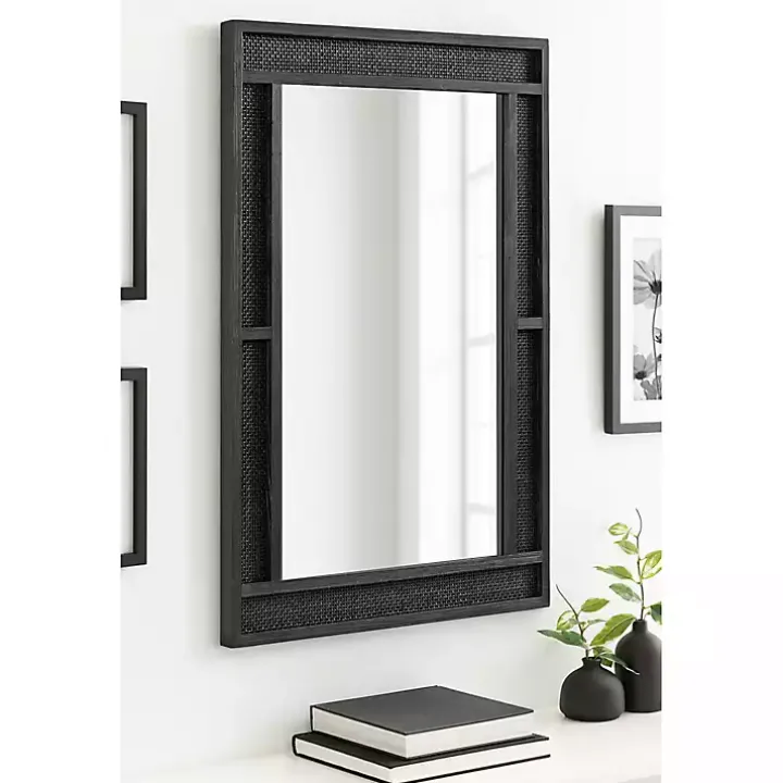 Black Rattan Textured Rectangle Wall Mirror