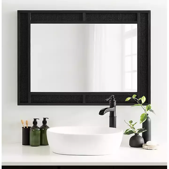 Black Rattan Textured Rectangle Wall Mirror
