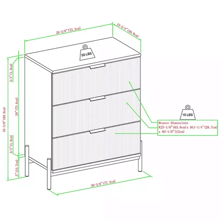 Black Reeded 3-Drawer Dresser