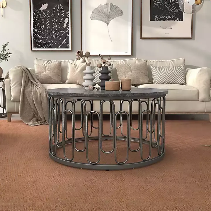 Black Stone and Metal Geometric Coffee Table