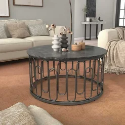 Black Stone and Metal Geometric Coffee Table