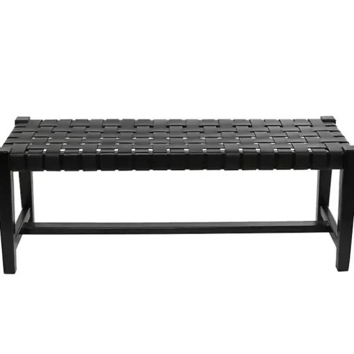 Black Teak Wood and Leather Bench