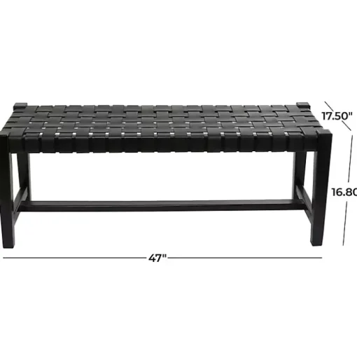 Black Teak Wood and Leather Bench