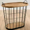 Black Wire and Natural Wood Basket Side Table