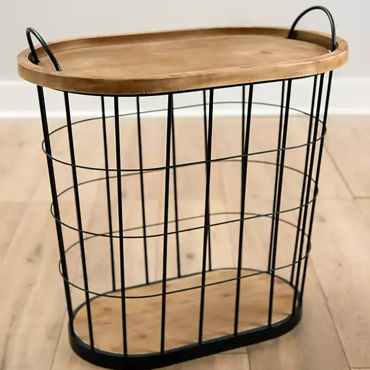 Black Wire and Natural Wood Basket Side Table