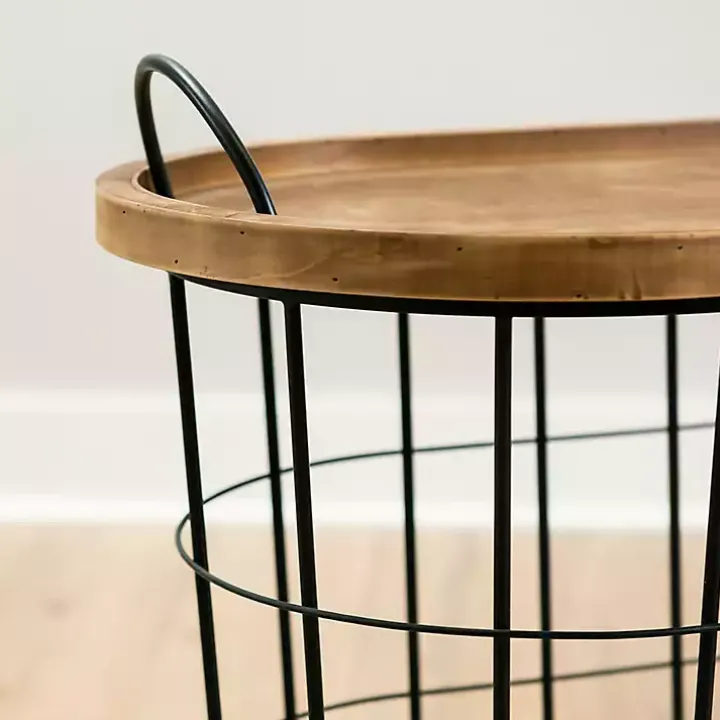 Black Wire and Natural Wood Basket Side Table
