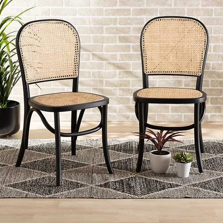 Black Wood & Rattan Bree Dining Chairs, Set of 2