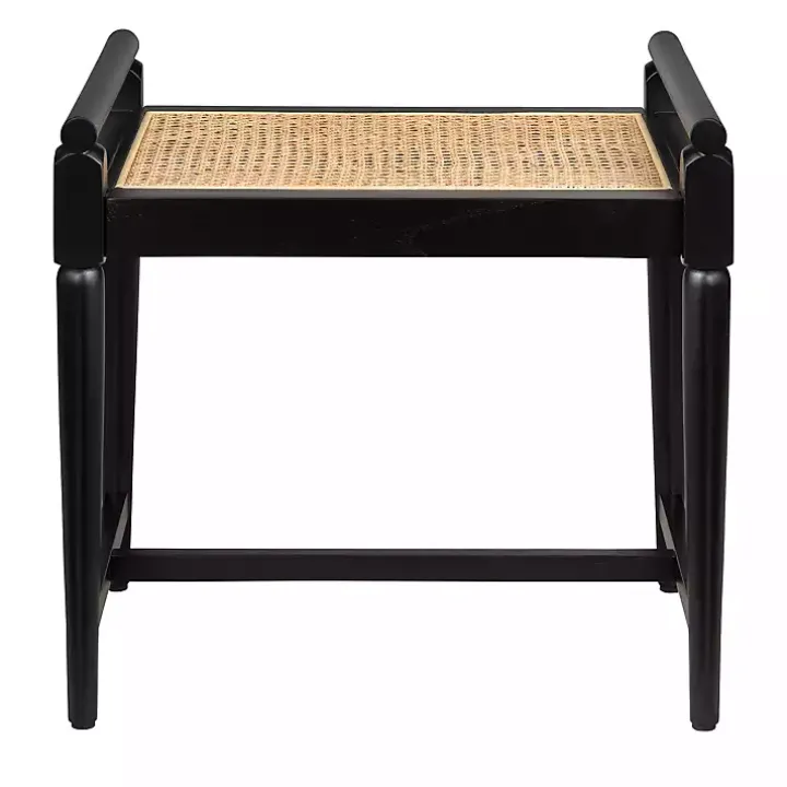 Black Wood and Rattan Boho Bench